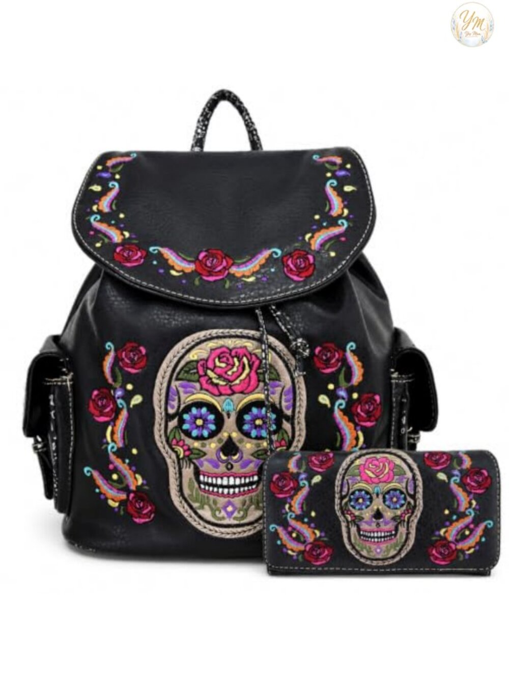 Faux Leather Gothic Skull Backpack Purse & Wallet Set Bucket Style